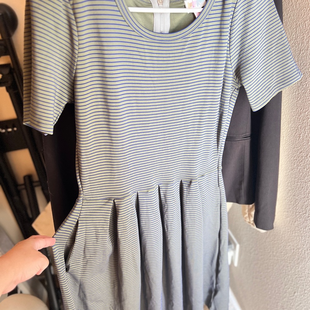 LuLaRoe Amelia Dress - Olive and Blue Stripes